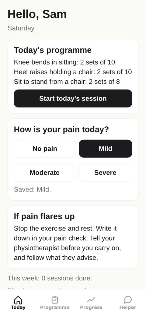 Screenshot: Today with programme and pain check