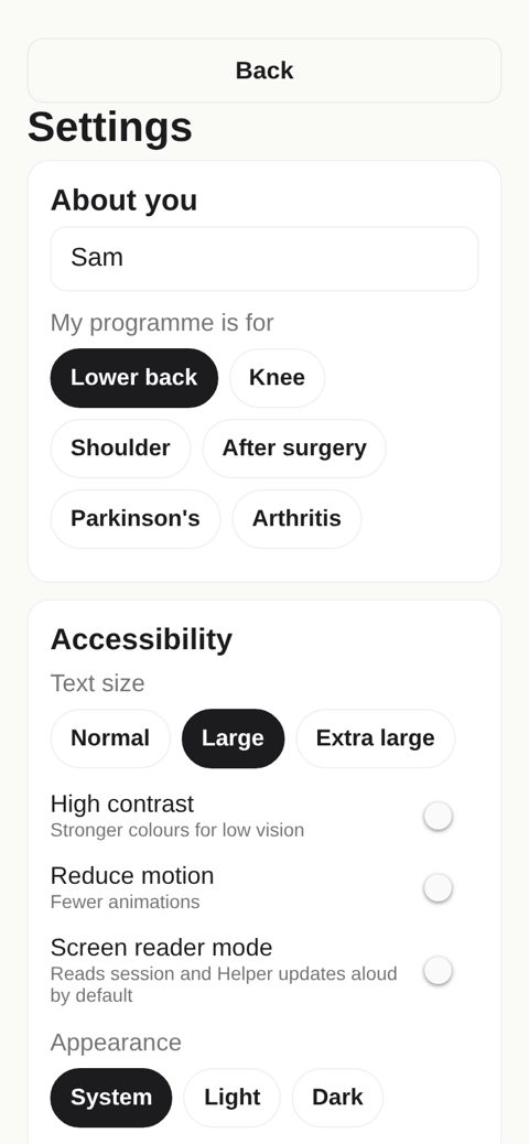 Screenshot: Settings and fitness extra